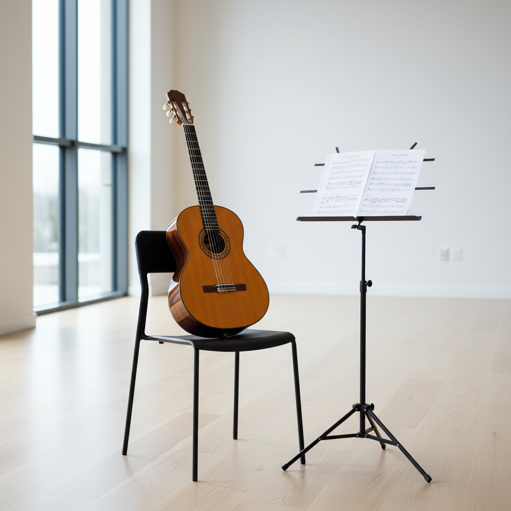 A classical guitar placed on a slender black chair beside a simple, modern music stand holding neatly arranged sheet music, set in a bright, minimal event space. The room features light hardwood floors, tall white walls, and a large window that lets in diffused overcast daylight, giving a soft, even illumination. Gentle shadows define the guitar’s contours, highlighting the rosette, tuning pegs, and fine wood texture. Photographed from a three-quarter angle with balanced framing using the rule of thirds, the image has a clean, contemporary, professional mood, perfectly suited to represent a reliable classical guitar service for weddings and corporate events.
