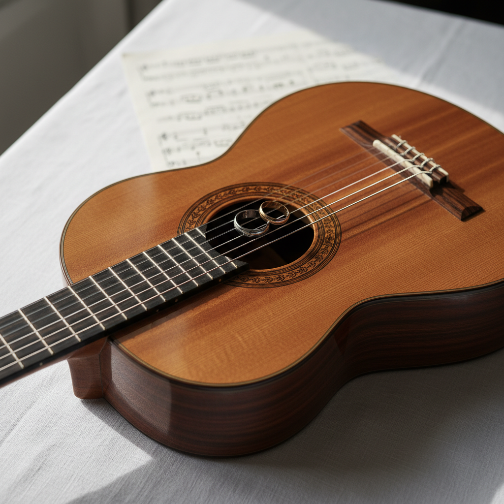 A close-up, photographic realism shot of the body and soundhole of a finely crafted classical guitar lying on a crisp white linen tablecloth. Silver and gold wedding rings rest inside the rosette, while faintly blurred sheet music is visible in the background. Soft window light from the side creates delicate reflections on the guitar’s lacquered cedar top, enhancing the wood grain and casting subtle shadows from the strings. Captured from a slightly elevated angle with a shallow depth of field, the scene feels intimate, romantic, and professional, conveying the elegance and precision of classical guitar music for special events.