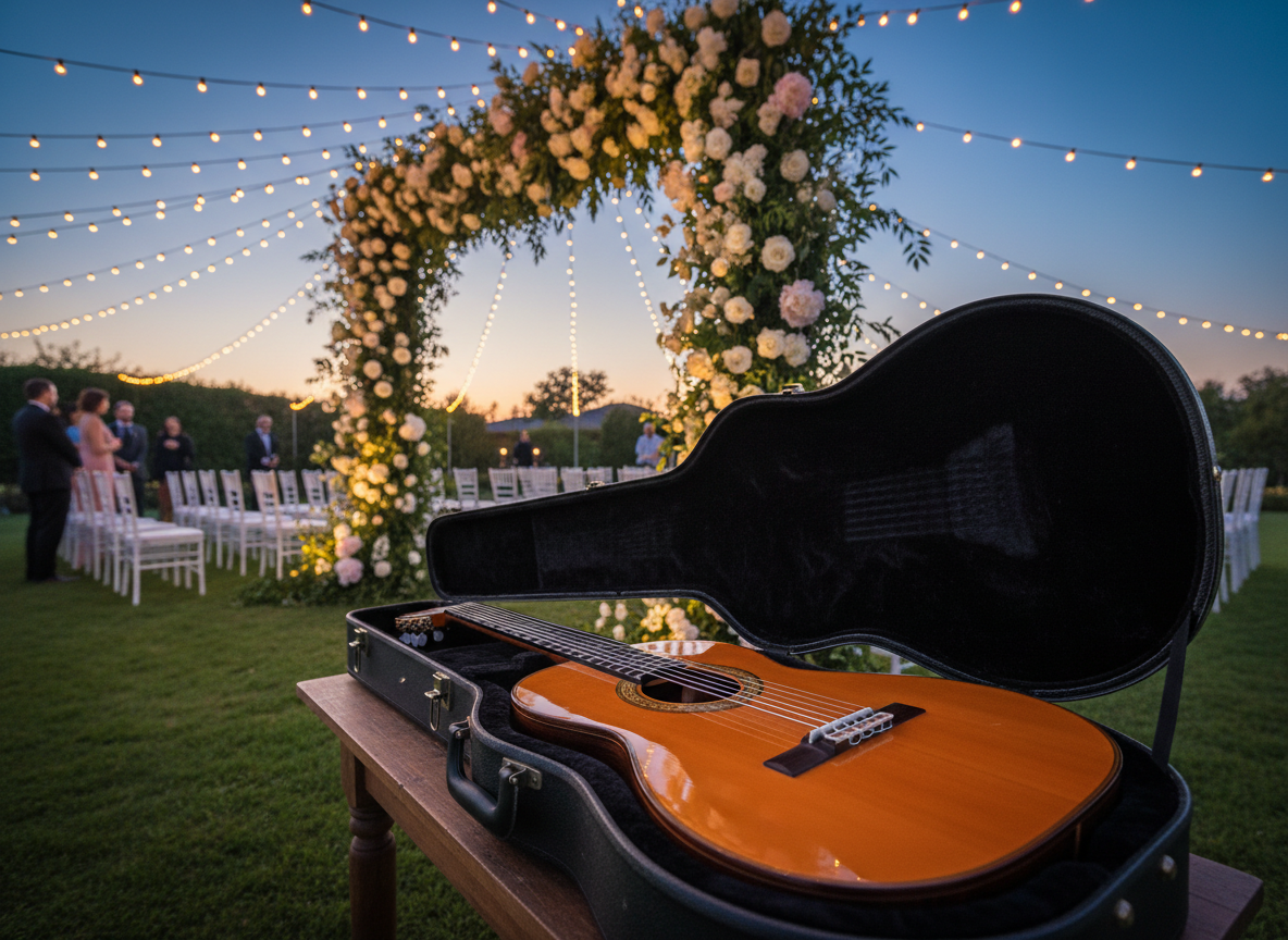 An outdoor garden ceremony setup at dusk with a classical guitar resting in its open, plush-lined black hard case on a small wooden table near a floral arch. Subtle string lights hang overhead, creating warm points of bokeh in the background, while the sky holds a soft blue hour glow. The guitar’s glossy surface and detailed rosette catch the remaining natural light, contrasting with the matte texture of the case lining. Shot from a low, slightly angled perspective to emphasize depth, the composition feels serene, romantic, and polished, embodying professional live classical guitar music for elegant evening weddings.