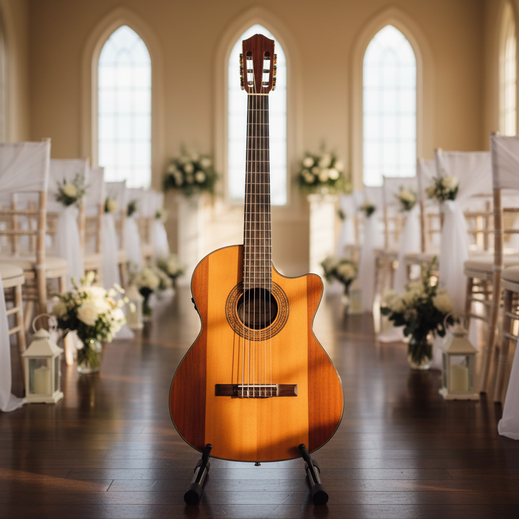 A polished spruce and rosewood classical guitar resting upright on a simple black stand in the center of an elegantly decorated wedding venue aisle. White chairs with soft fabric sashes form subtle lines in the softly blurred background, alongside delicate floral arrangements and lanterns. Late afternoon golden light pours through tall windows, catching the guitar’s glossy finish, rosette detail, and nylon strings, creating gentle highlights and slender shadows on the wooden floor. Photographed at eye level with a shallow depth of field, the composition feels calm, refined, and professional, emphasizing photographic realism and a clean, timeless aesthetic ideal for a classical guitar wedding service.