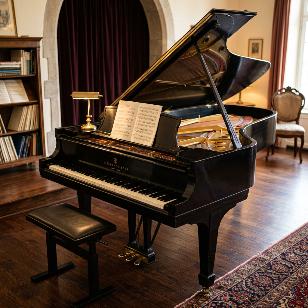Black Steinway grand piano with open lid, sheet music, and adjustable bench in a warmly lit room